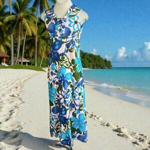 Aloha Authentic Hawaiian Originals Barkcloth Maxi Dress Floral Size Medium